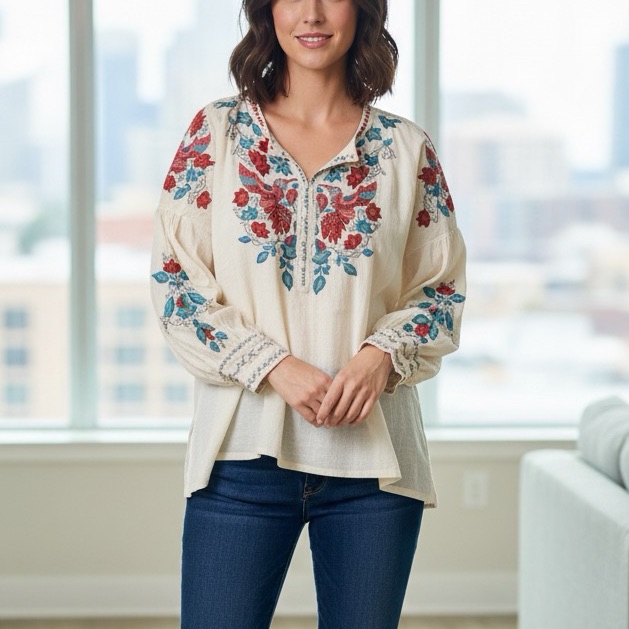 Johnny Was Cream Blouse With Red And Blue Embroidery